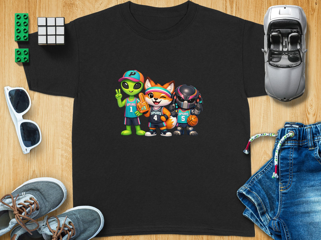 Black t-shirt with cartoon characters celebrating on the front.
