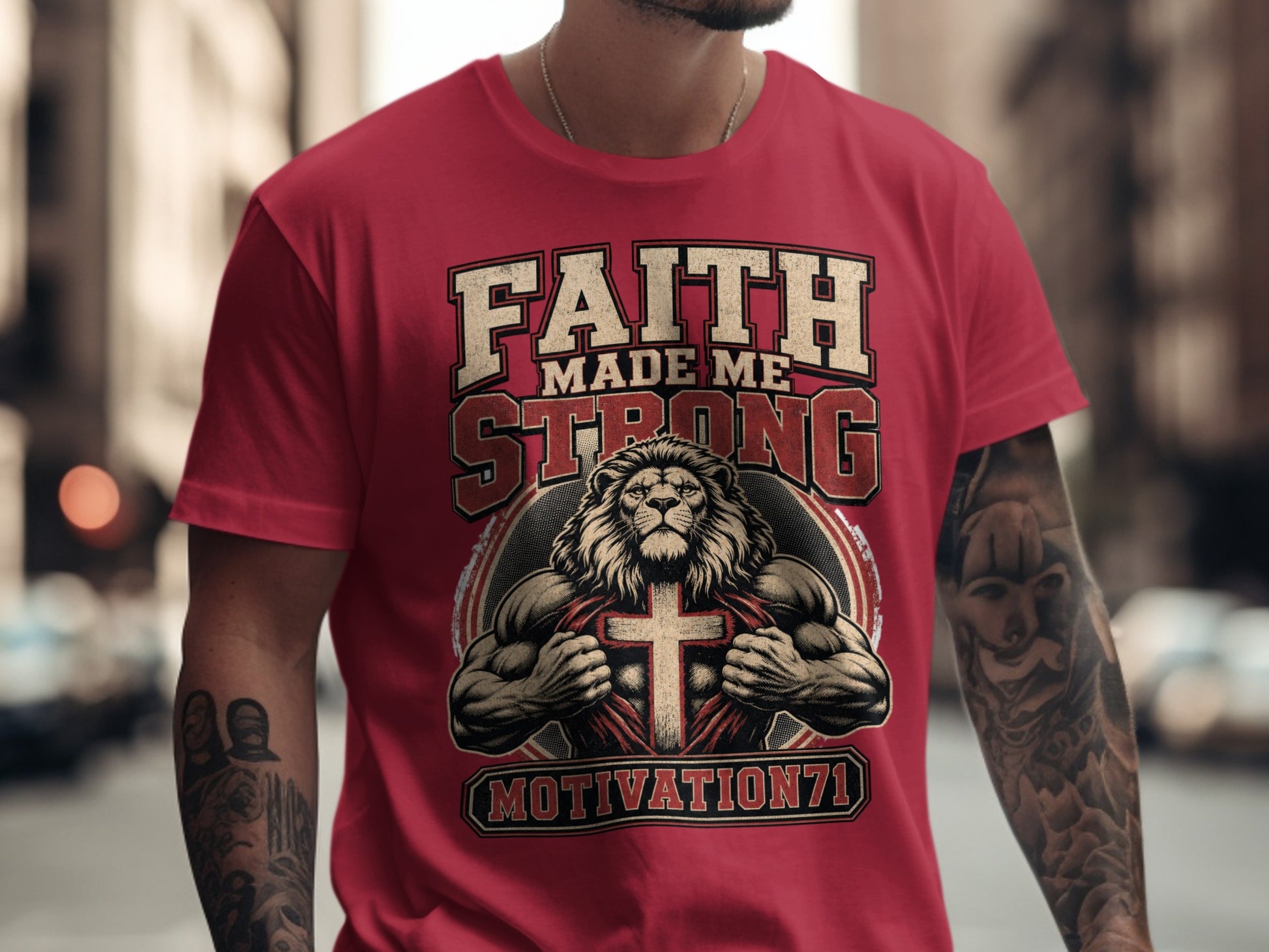 Red t-shirt with "FAITH MADE ME STRONG" and a lion tearing open chest revealing a cross.