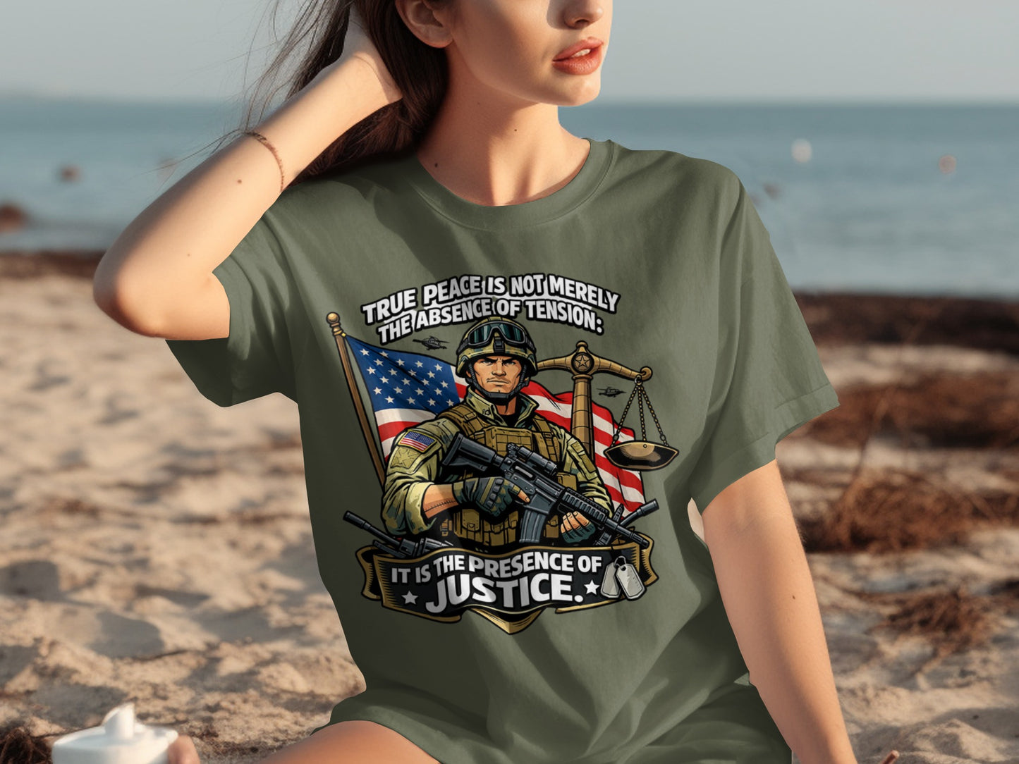 US soldier graphic with scales of justice and text "True peace is not merely the absence of tension: It is the presence of justice."