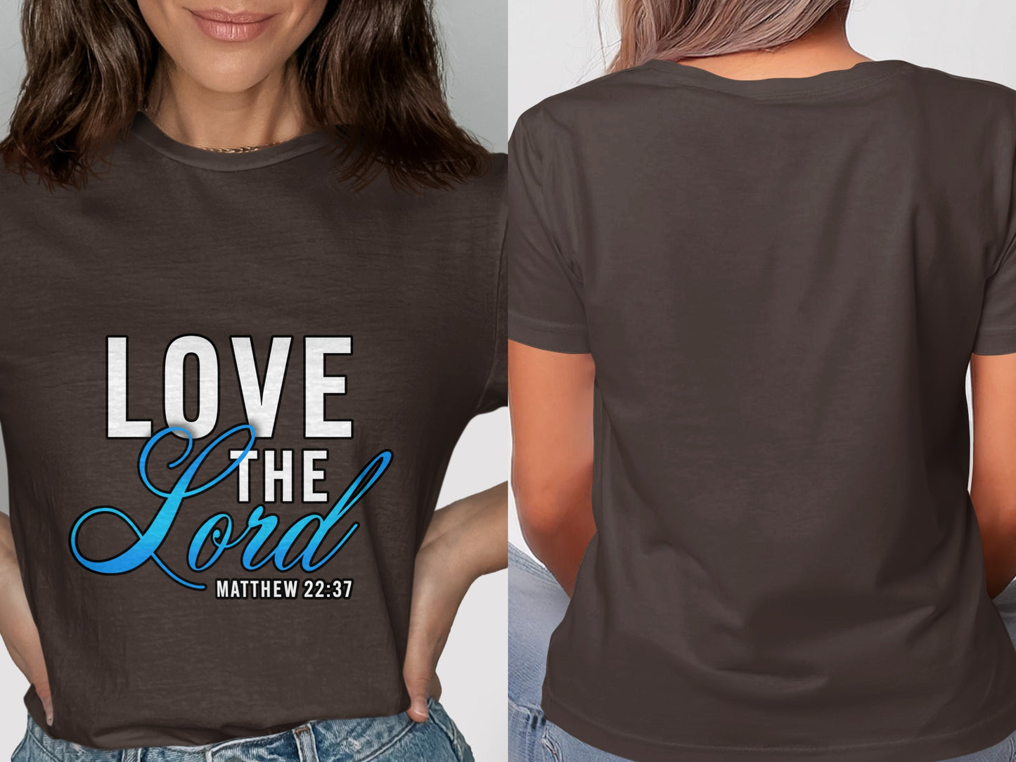 Brown t-shirt with "LOVE THE Lord" and "MATTHEW 22:37" text.