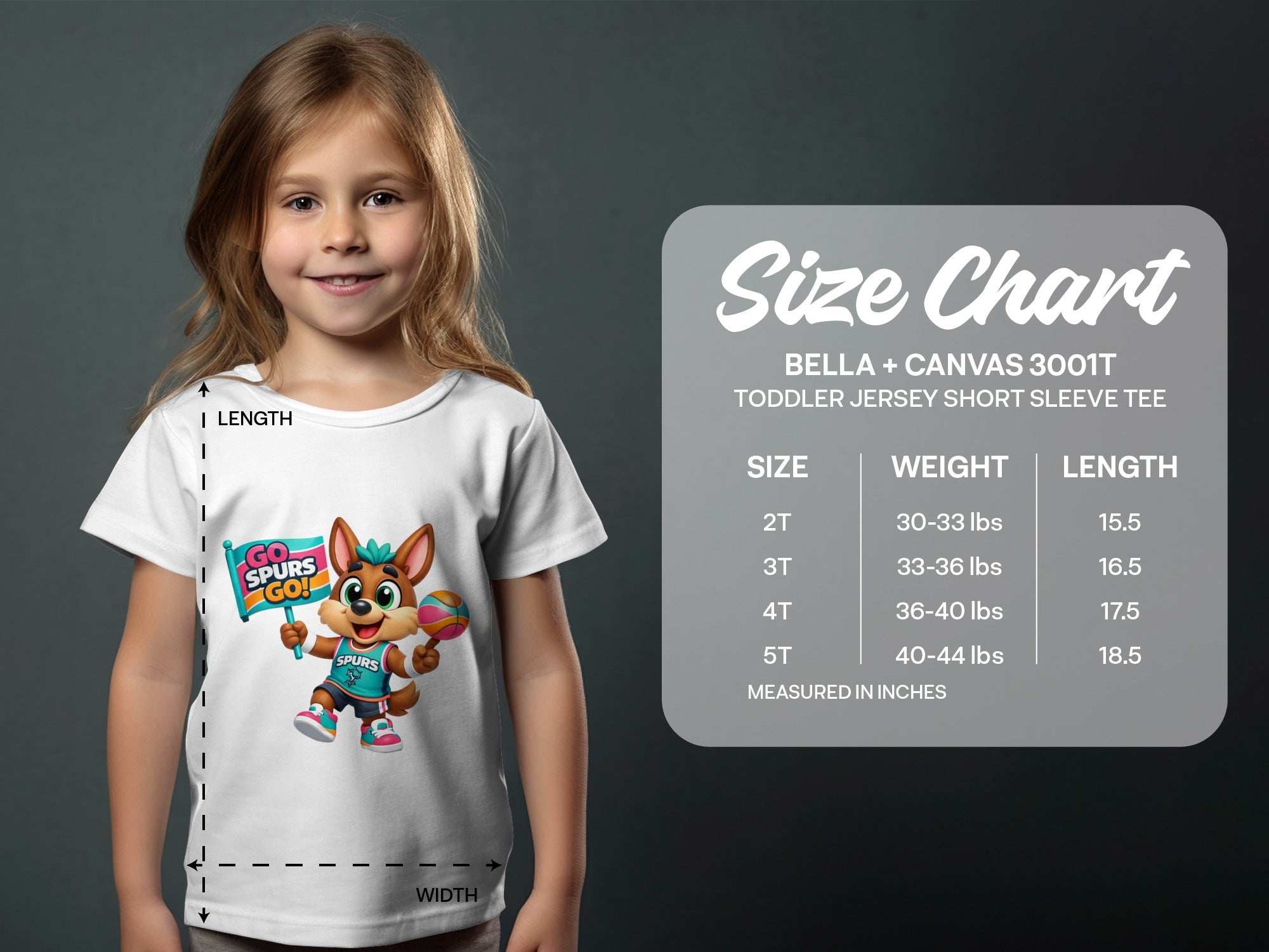 Toddler size chart for Bella + Canvas 3001T short sleeve tee.