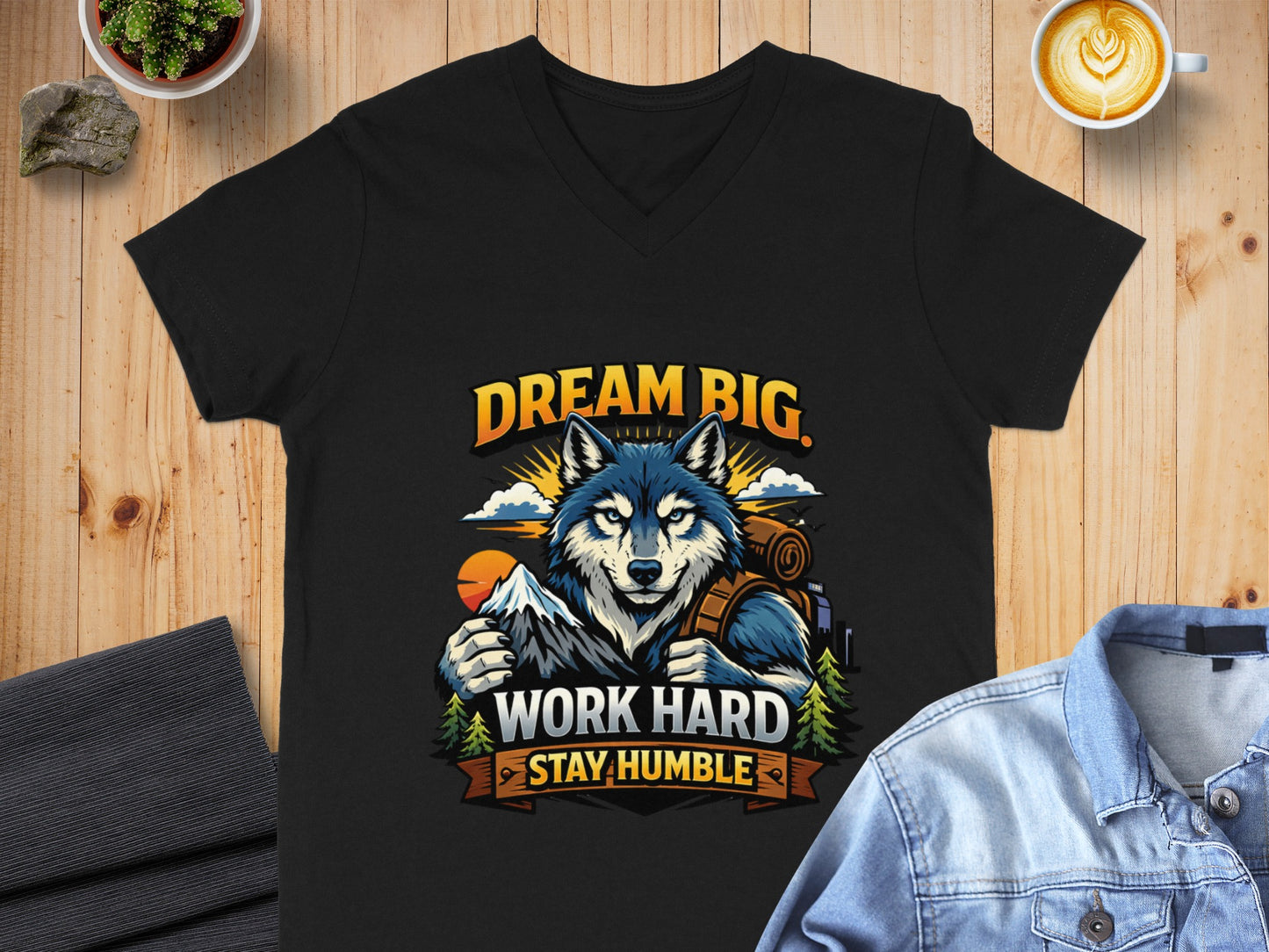 Black t-shirt with wolf graphic and text "DREAM BIG WORK HARD STAY HUMBLE".