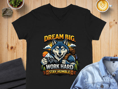 Black t-shirt with wolf graphic and text "DREAM BIG WORK HARD STAY HUMBLE".