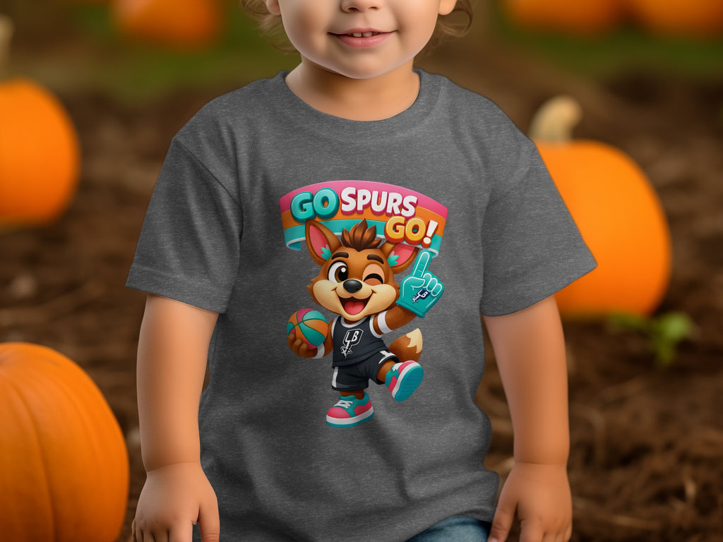 Dark gray t-shirt with a cartoon fox character holding a basketball.