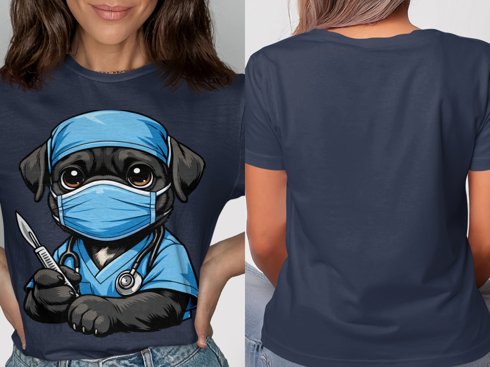 Dark pug wearing surgical mask, scrubs, stethoscope, and holding scalpel.