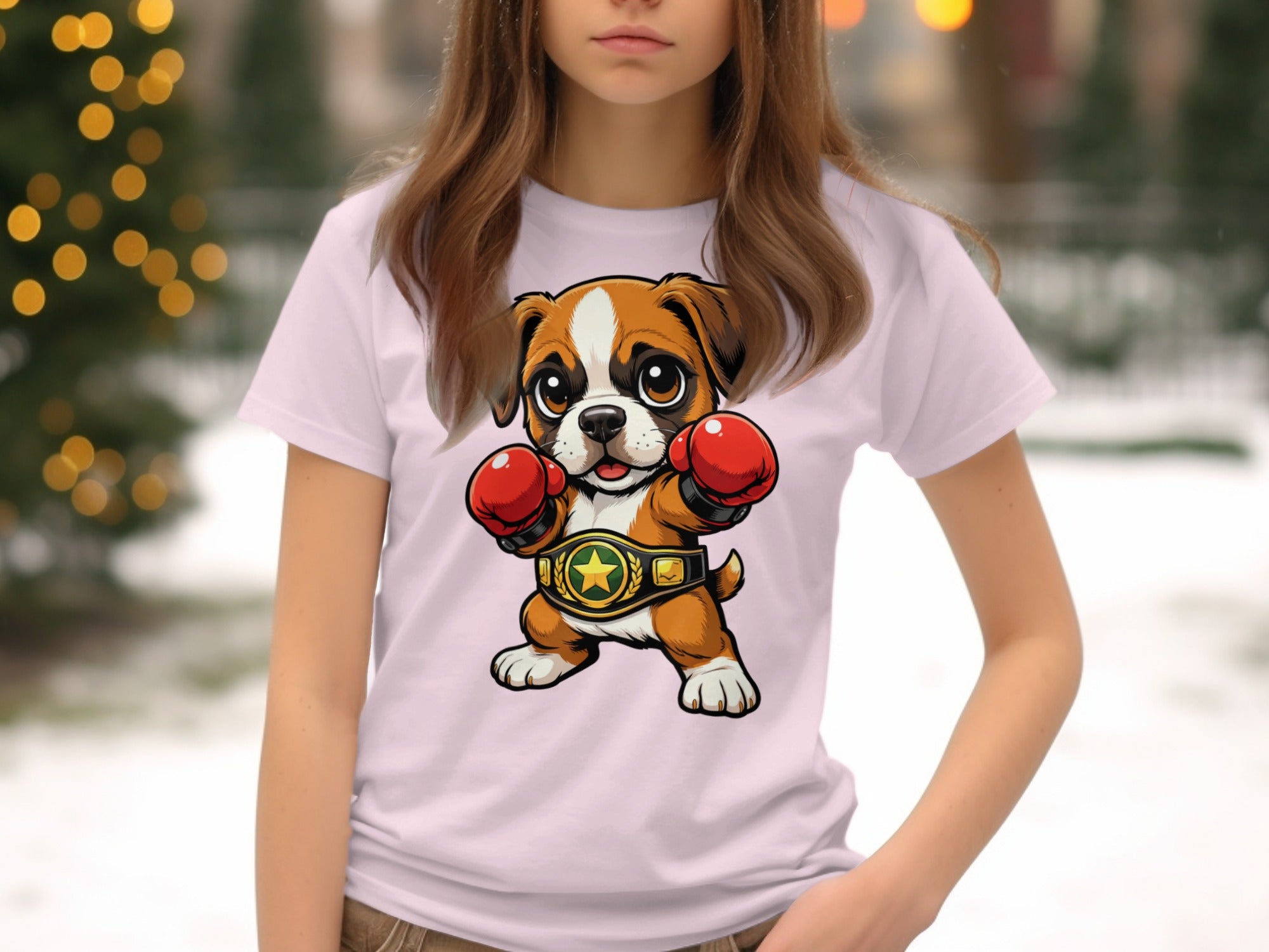 Cartoon boxer dog with red gloves and championship belt on a light pink t-shirt.