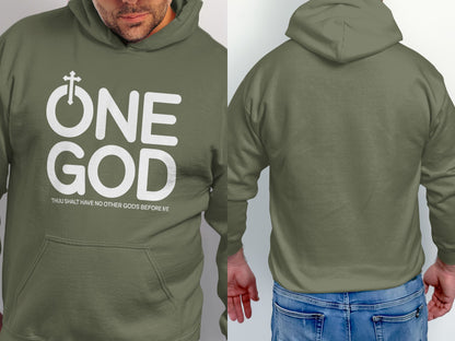 Olive green hoodie with "ONE GOD" text and a cross symbol.