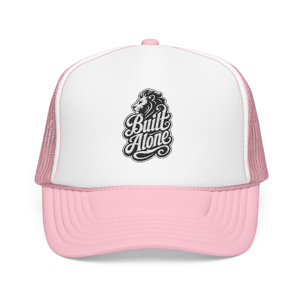 Pink trucker hat with white front panel featuring a black lion head and "Built Alone" text.