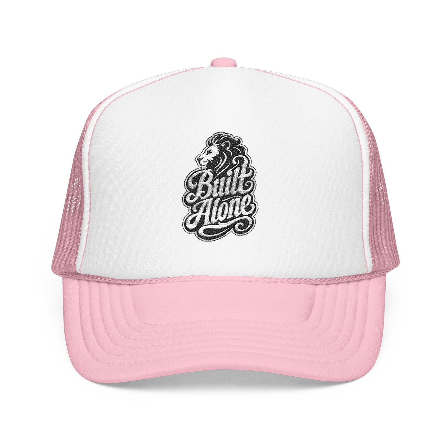 Pink trucker hat with white front panel featuring a black lion head and "Built Alone" text.