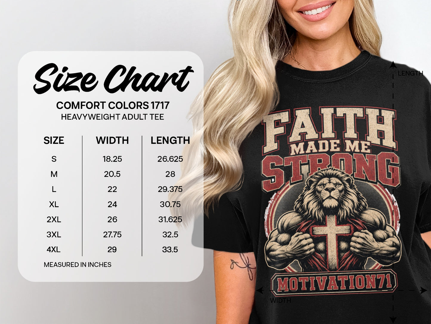 Comfort Colors 1717 size chart and t-shirt with lion and cross graphic.