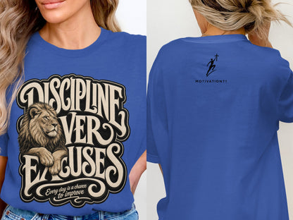 Blue t-shirt with lion graphic and "DISCIPLINE VERSUS EXCUSES" text.