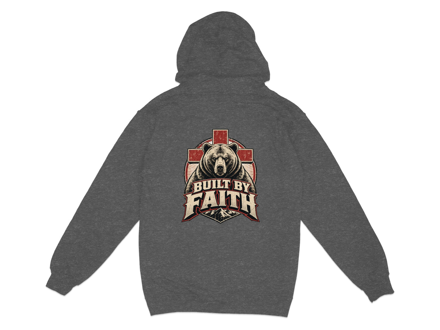Dark gray hoodie with a bear and cross graphic that reads "BUILT BY FAITH".