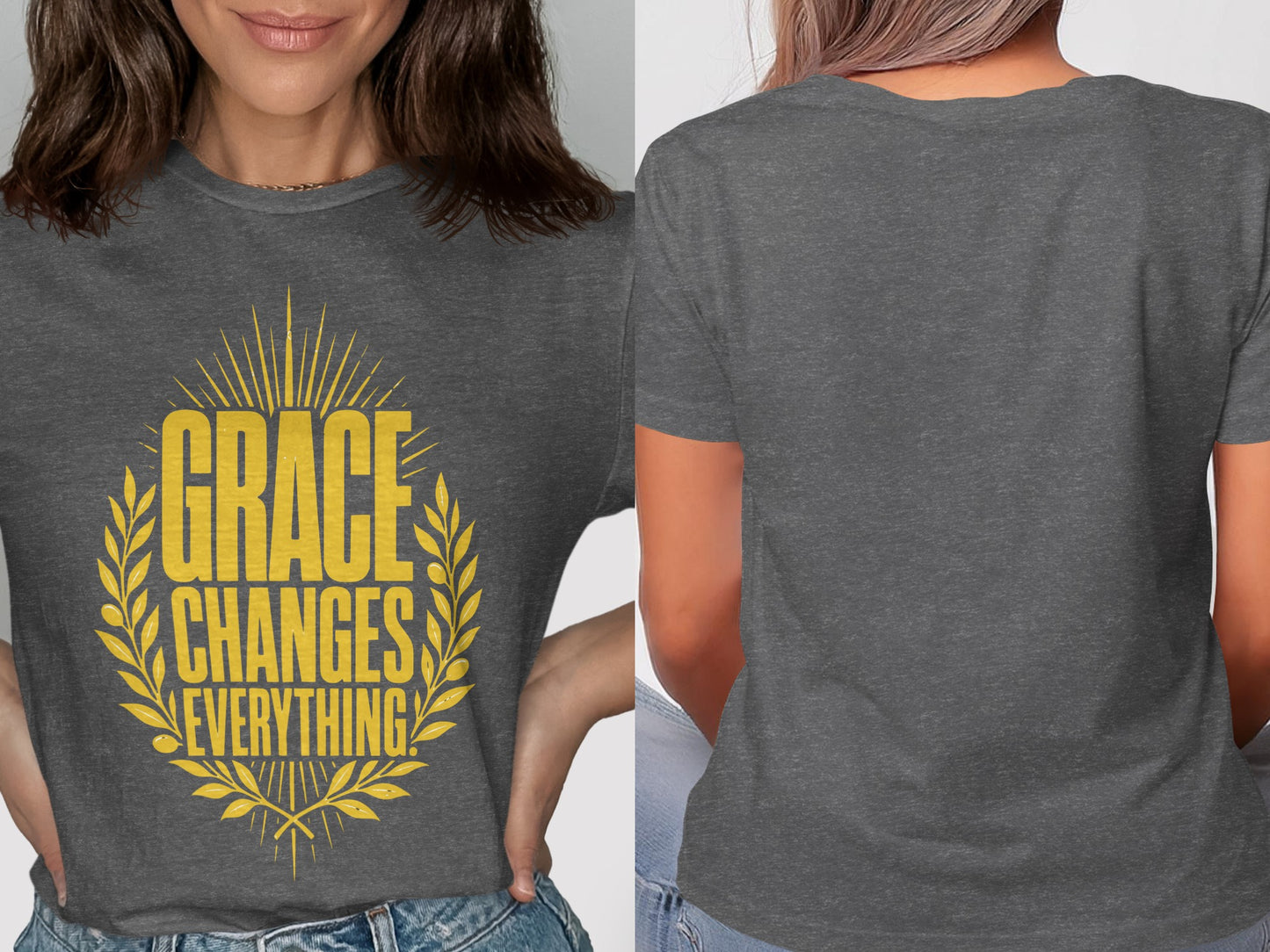 Dark gray t-shirt with yellow text "Grace Changes Everything" within a laurel wreath.