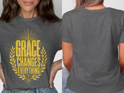 Dark gray t-shirt with yellow text "Grace Changes Everything" within a laurel wreath.