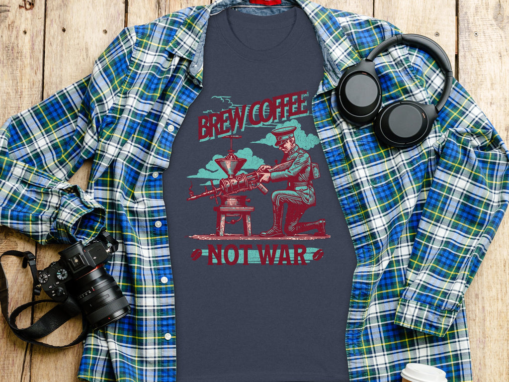T-shirt with "Brew Coffee Not War" text and soldier graphic.