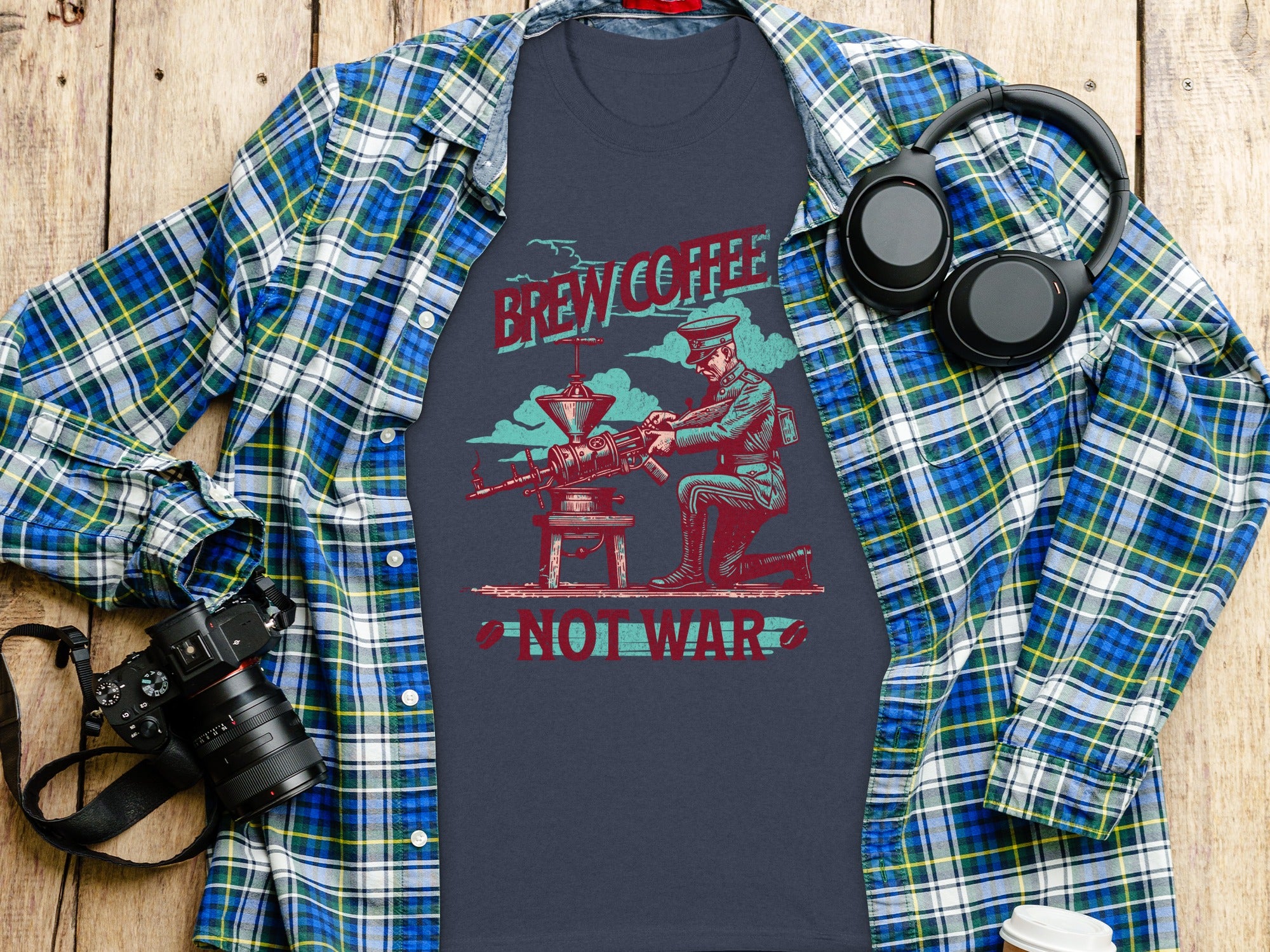 T-shirt with "Brew Coffee Not War" text and soldier graphic.