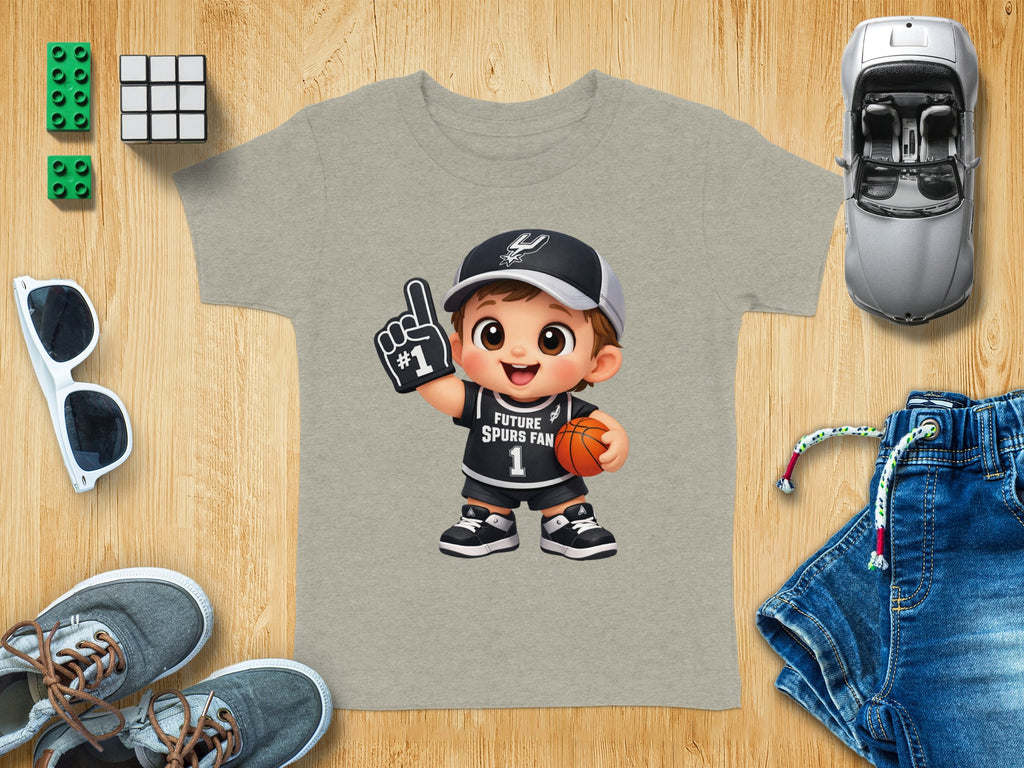 Cartoon boy in Spurs fan gear holding basketball and number one foam finger.