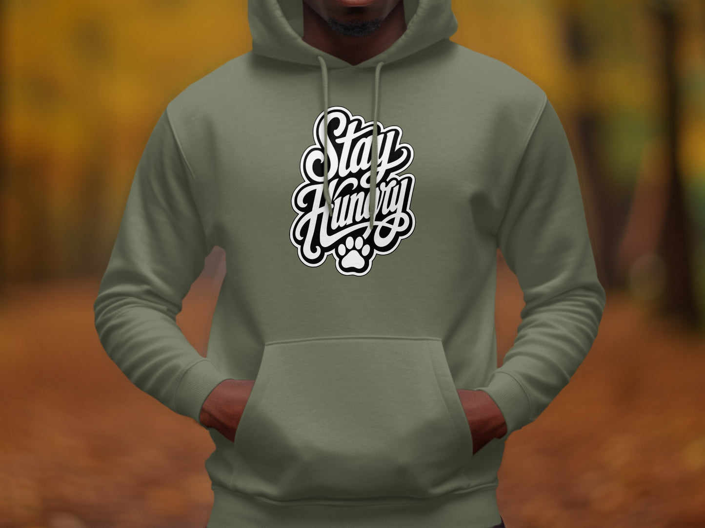 Olive green hoodie with a "Stay Hungry" graphic and a paw print.