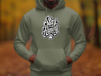 Olive green hoodie with a "Stay Hungry" graphic and a paw print.