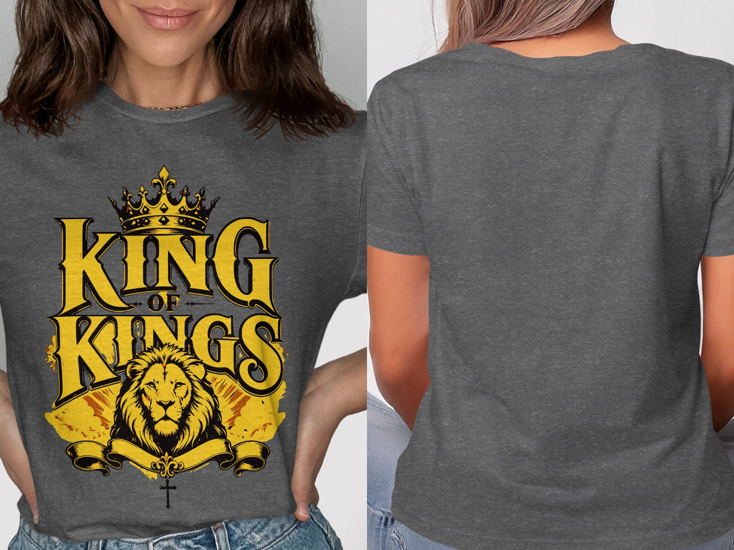 Dark grey t-shirt with "KING OF KINGS" text, lion, crown, and cross graphic.