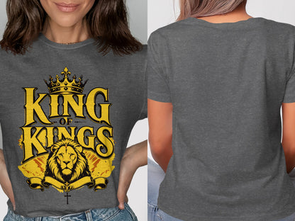 Dark grey t-shirt with "KING OF KINGS" text, lion, crown, and cross graphic.