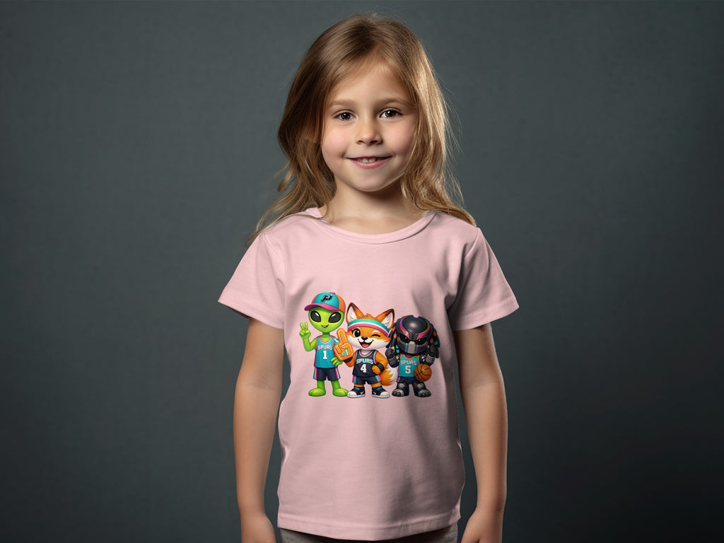 Child wearing a pink t-shirt with cartoon characters of an alien, fox, and robot.
