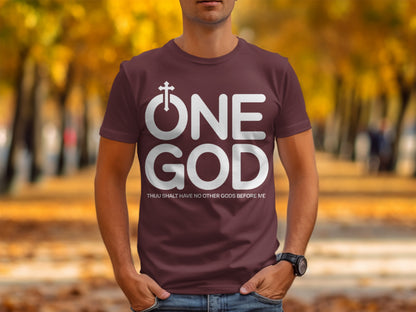 Maroon t-shirt with white text "ONE GOD" and a cross above the "O".