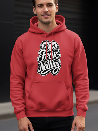 Red hoodie with "Fear Nothing" graphic and a lion's head emblem.