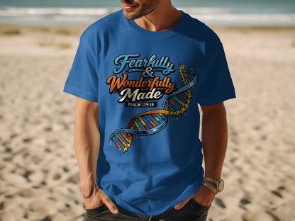 Blue t-shirt with "Fearfully & Wonderfully Made" and Psalm 139:14.