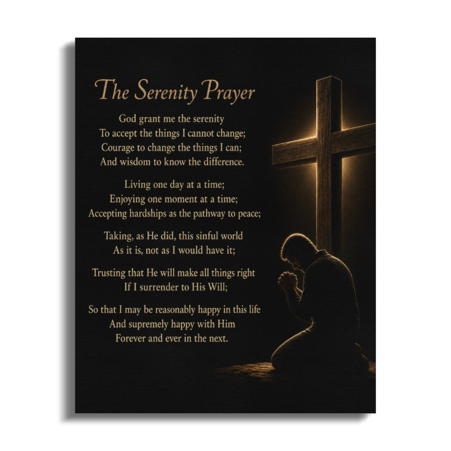 The Serenity Prayer with a praying figure before a glowing cross.
