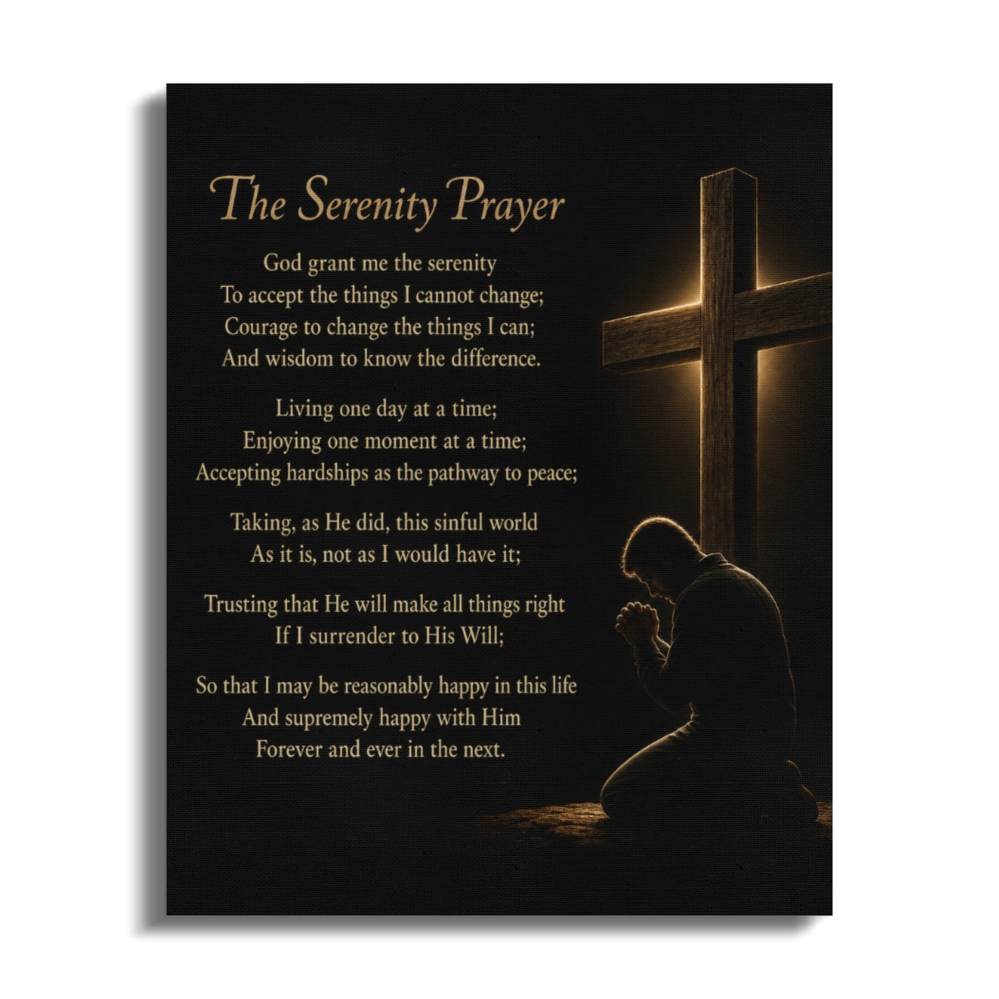 The Serenity Prayer with a praying figure before a glowing cross.