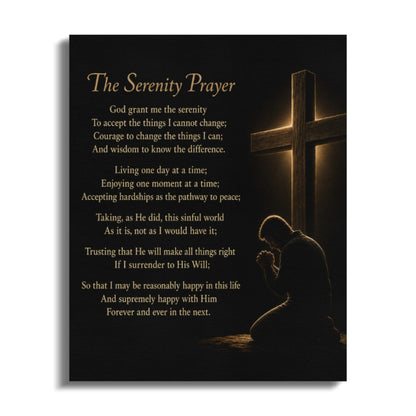 The Serenity Prayer with a praying figure before a glowing cross.