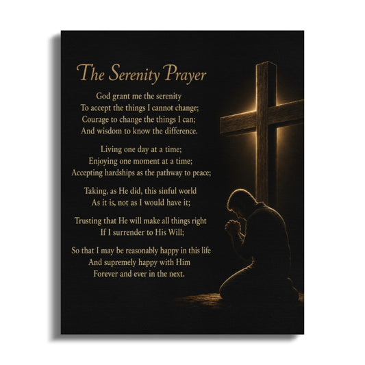 The Serenity Prayer with a praying figure before a glowing cross.
