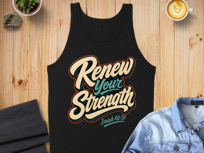 Black tank top with "Renew Your Strength Isaiah 40:31" text.