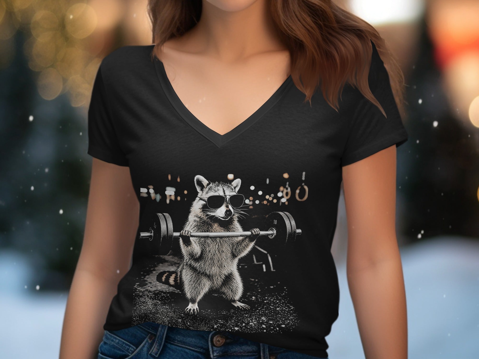 T-shirt with a graphic of a raccoon in sunglasses lifting a barbell.