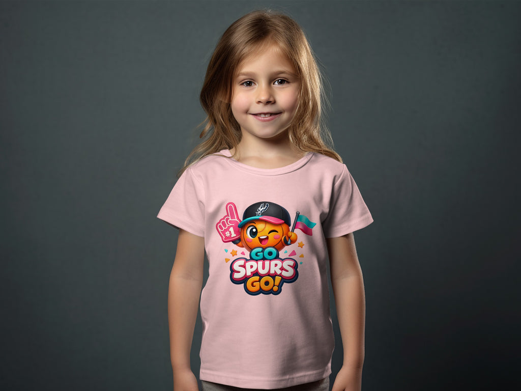 Young girl in pink t-shirt with a Go Spurs Go graphic and cartoon basketball character.