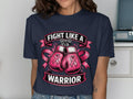 Navy t-shirt with pink boxing gloves and ribbons, text "FIGHT LIKE A WARRIOR".