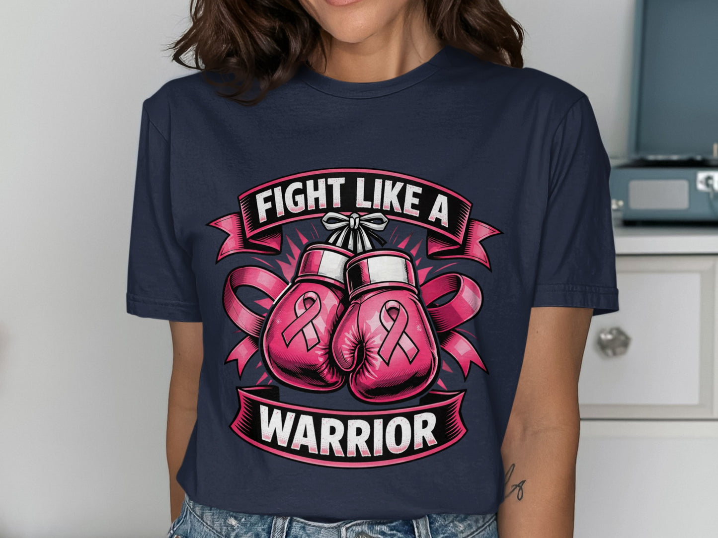 Navy t-shirt with pink boxing gloves and ribbons, text "FIGHT LIKE A WARRIOR".