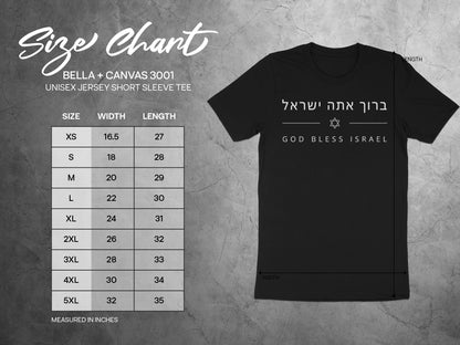 Bella + Canvas 3001 unisex size chart with width and length measurements for sizes XS to 5XL.