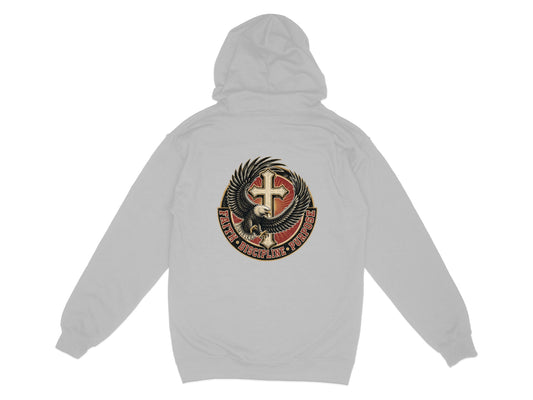 Grey hoodie back with eagle, cross, and text: FAITH • DISCIPLINE • PURPOSE