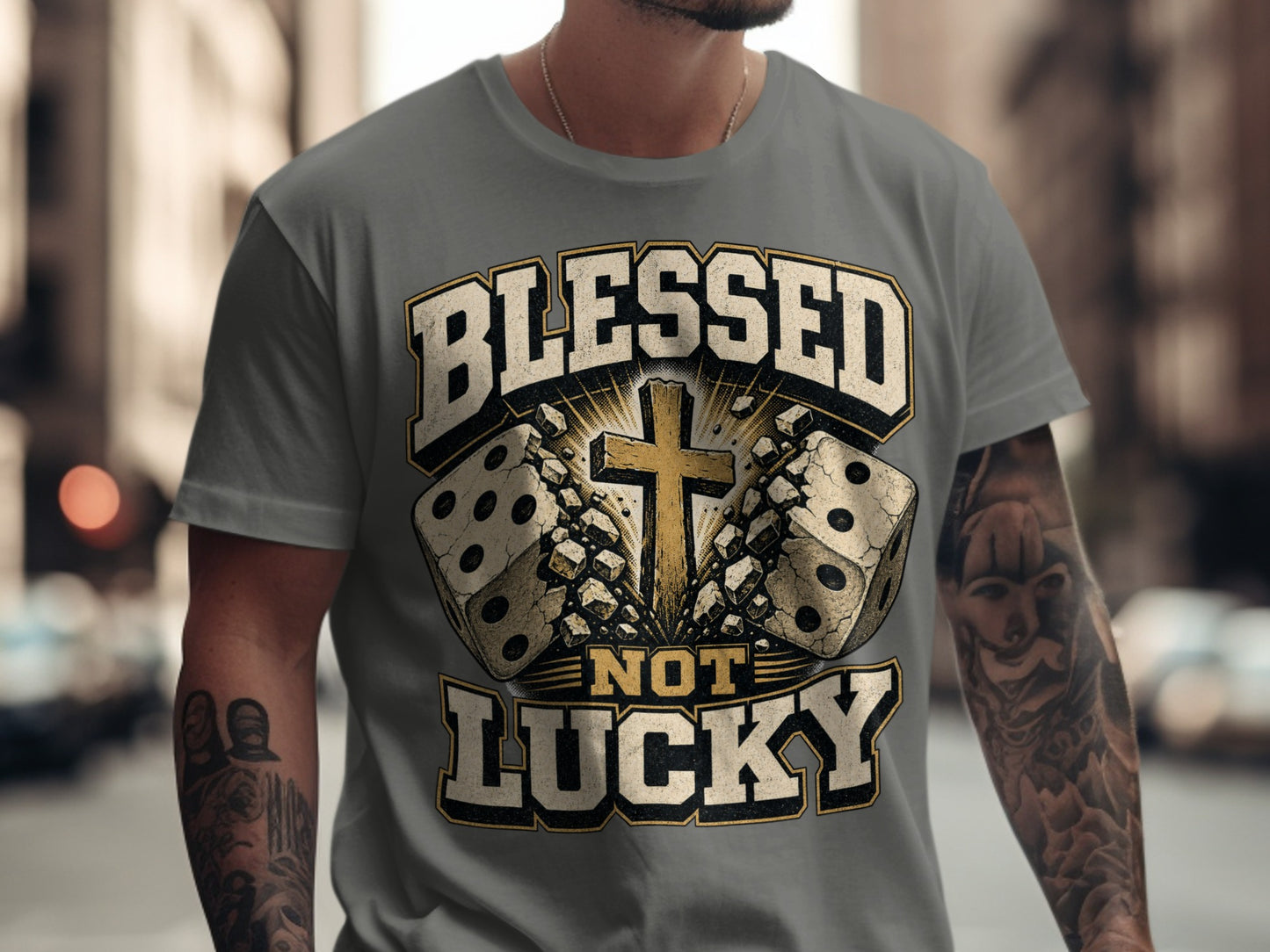 T-shirt with "BLESSED NOT LUCKY" text, dice, and a cross graphic.