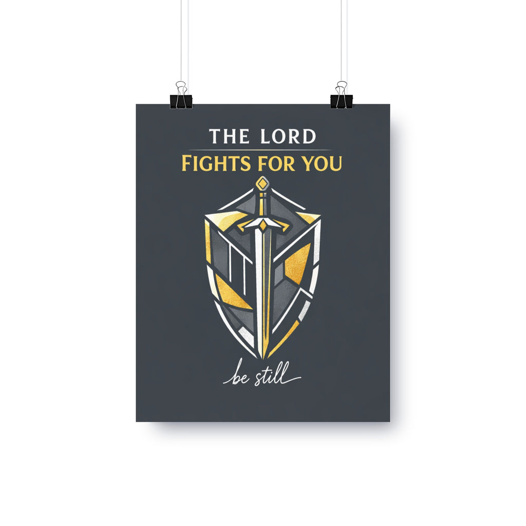 Poster with text "THE LORD FIGHTS FOR YOU" and a stylized shield with a sword.