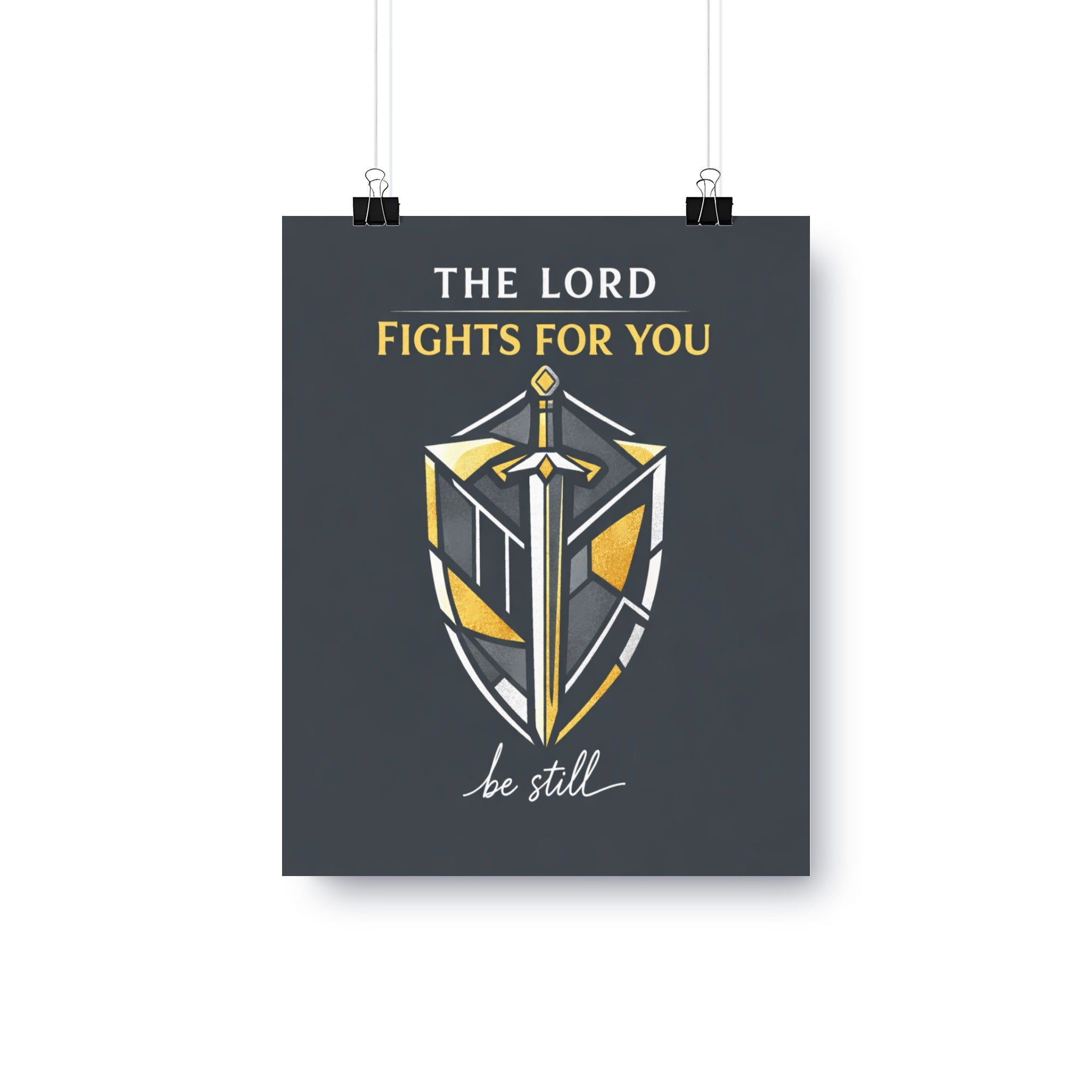Poster with text "THE LORD FIGHTS FOR YOU" and a stylized shield with a sword.