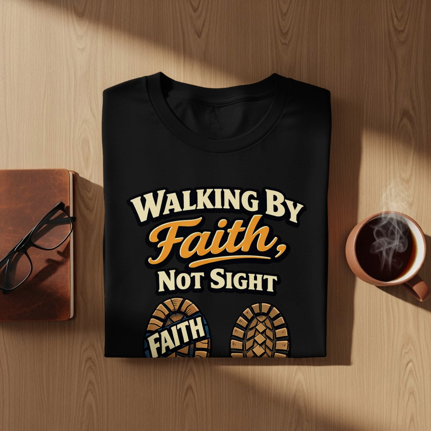 Black t-shirt with "Walking by Faith, Not Sight" text and boot sole graphics.