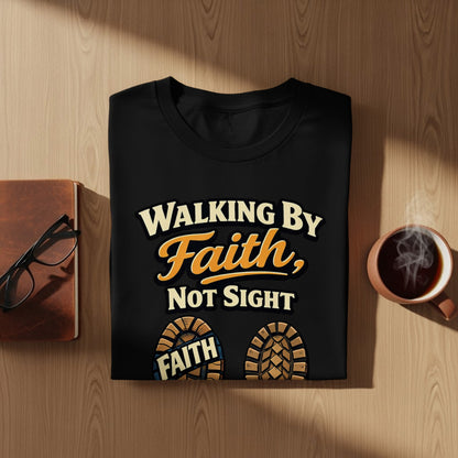 Black t-shirt with "Walking by Faith, Not Sight" text and boot sole graphics.