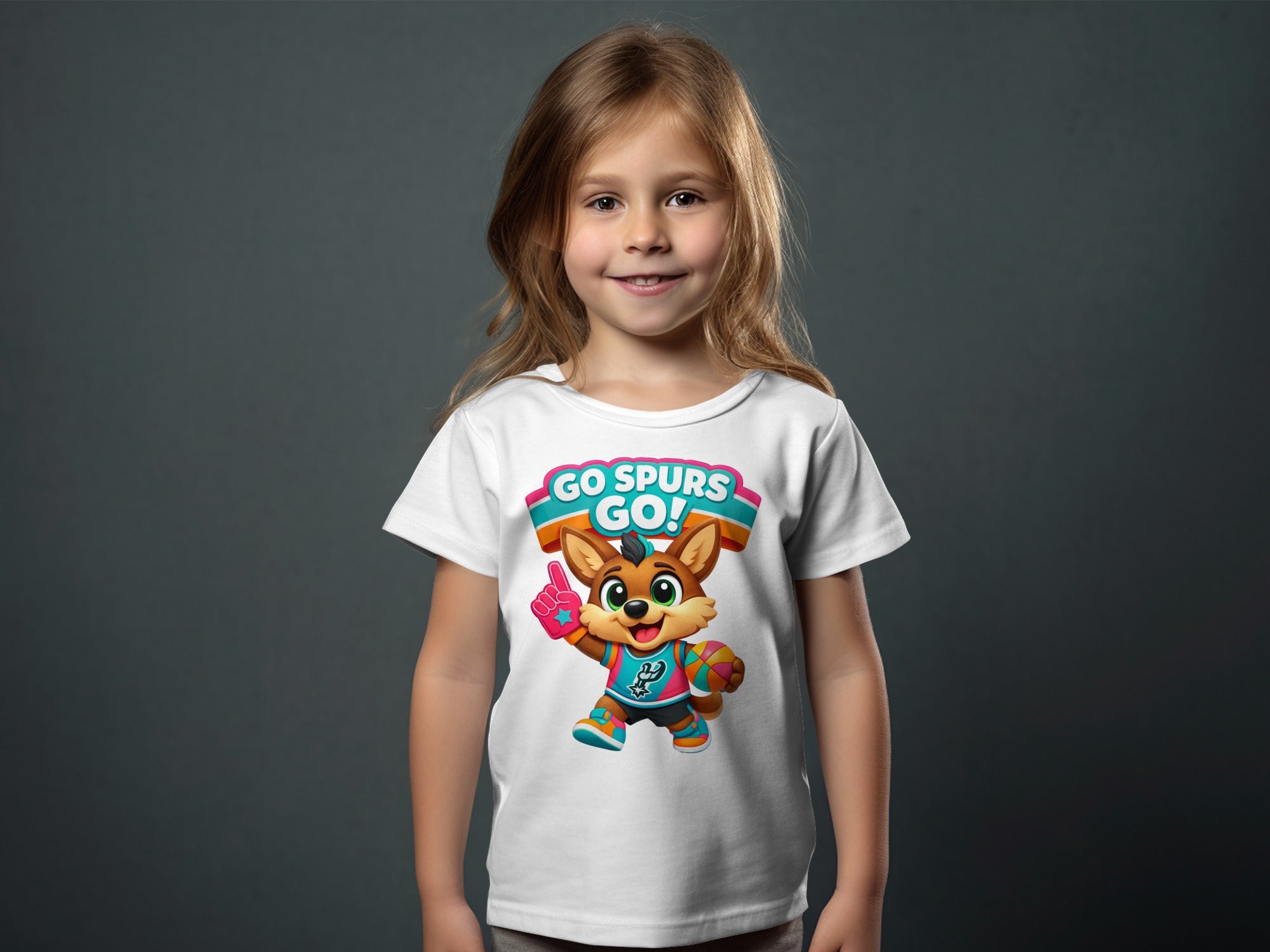 Child wearing white t-shirt with a cartoon fox character holding a basketball.