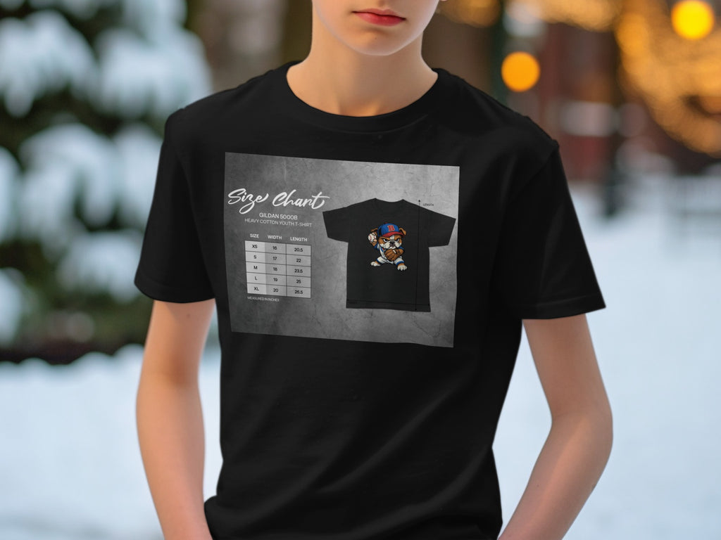 Black t-shirt with size chart and bulldog graphic showing measurements in inches.