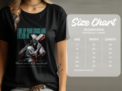 Black t-shirt with Jesus carrying cross, "Take up your cross and follow me," and size chart.