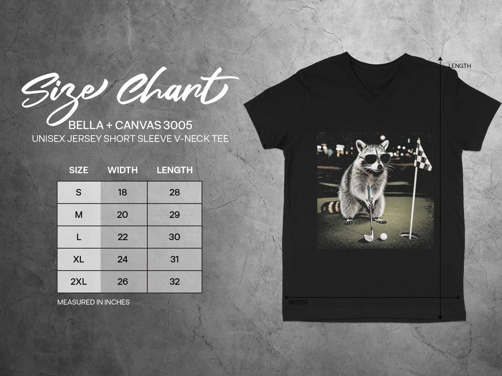Bella + Canvas 3005 v-neck tee size chart with raccoon golfer graphic.