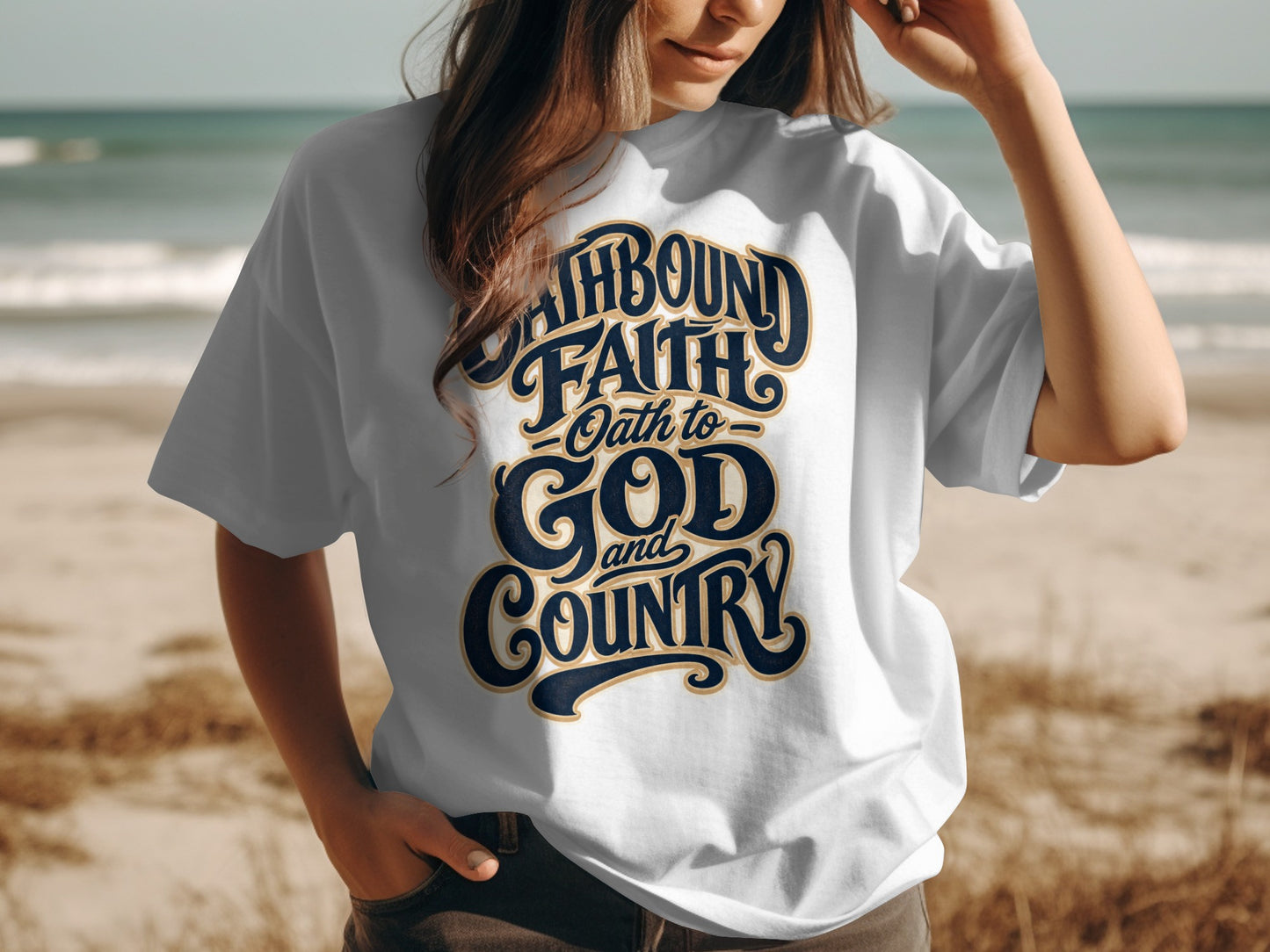 White t-shirt with text "Oathbound Faith - Oath to God and Country".